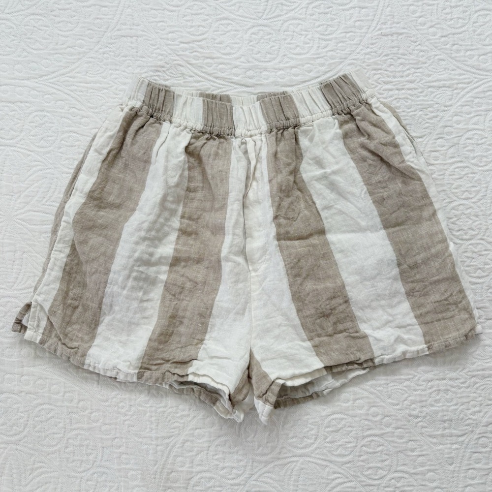 Laude the Label Organic Linen Striped Shorts, Taupe / White Sz S